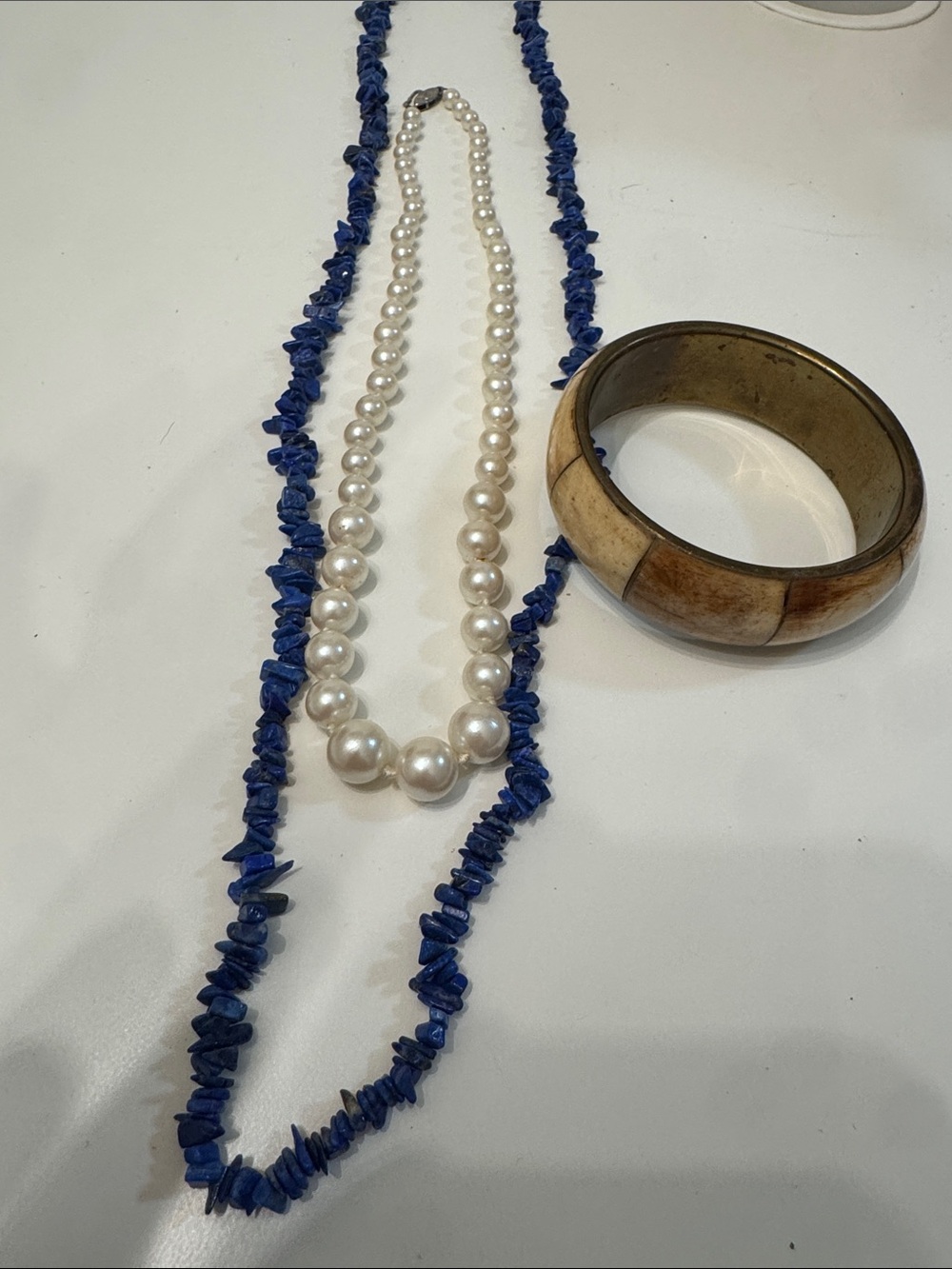 Pearl and Blue Chip Bead Necklace Set with Wooden Bangle